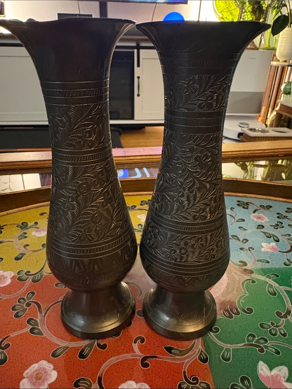 Vintage brass Decorative Etched Vase Pair - Black Finish